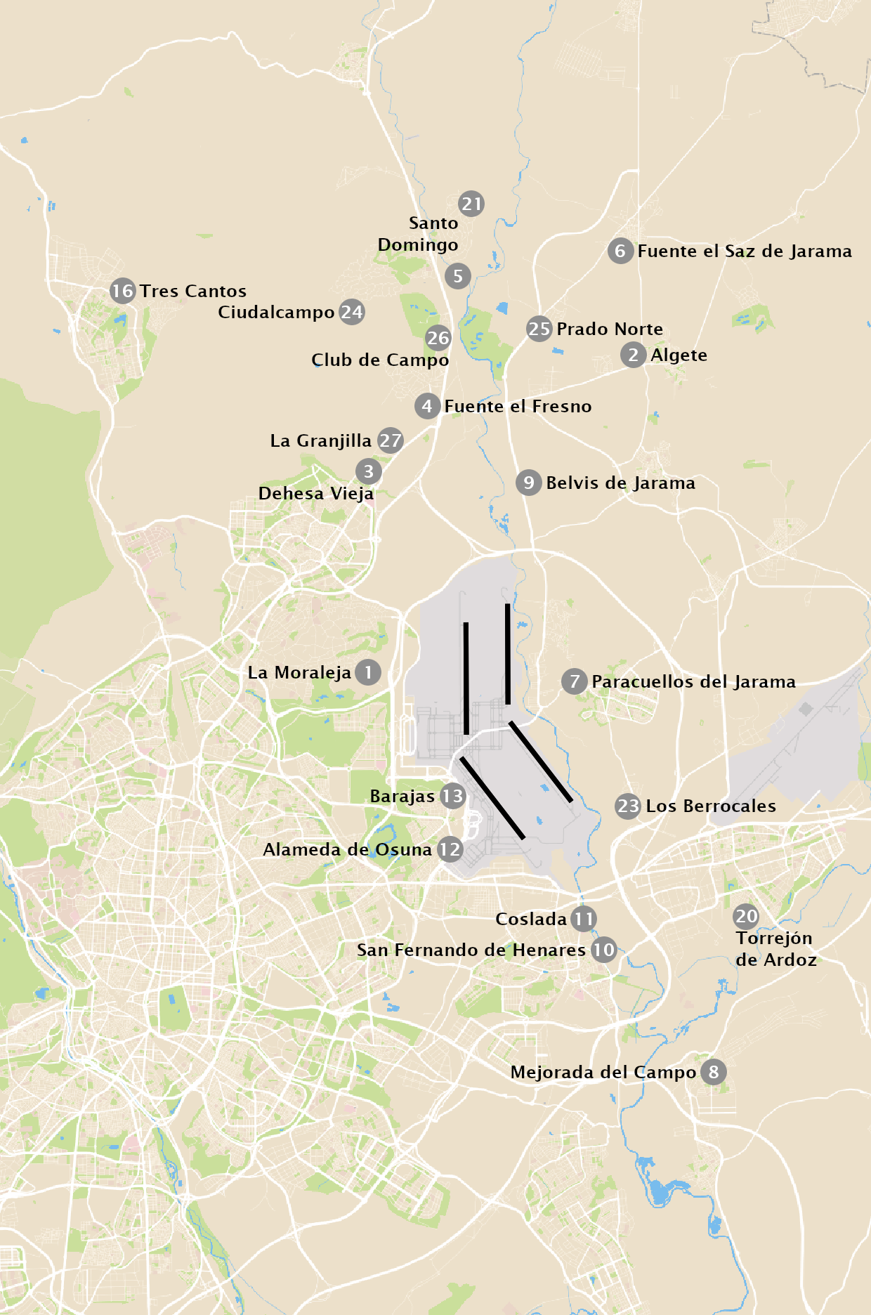 The figure provides a graphic view of the noise pollution map for the table in the dB LEVELS section (A)