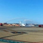 El avión de Melilla Airlines es recibido por parte de los bomberos del Aeropuerto de Melilla con un arco de agua.